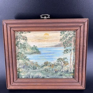 Vintage Framed and Signed Small Oil Painting Landscape Lake Water Ocean Scene - Picture 1 of 11