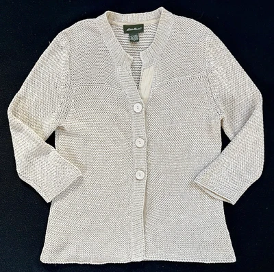 Cárdigan de punto grueso mezcla de lino beige manga 3/4 Eddie Bauer de colección M Cottagecore Foto 1 de 4