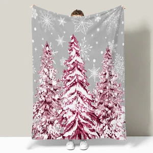 Pink Snowy Pine Tree Grey Christmas Throw Blanket for Couch Bed Sofa Office - Picture 1 of 6