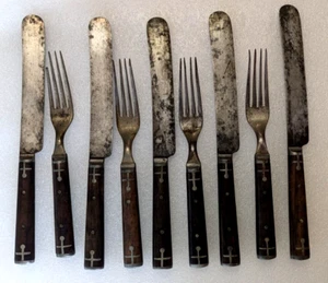 9 Piece Set 1800s Forks & Knives Wood Handle Pewter Inlay Cross Universal LF & C - Picture 1 of 7