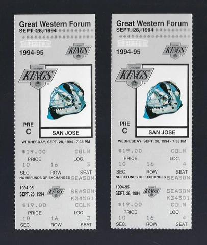 LOT of 2 - 1994 SAN JOSE SHARKS @ LA KINGS HOCKEY FULL TICKETS - WAYNE GRETZKY Cover