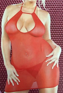 Red Sheer Halterneck Slip & G-string Set Plus Size 22, 24, 26 1X - 3X Lingerie - Picture 1 of 2