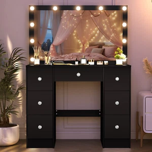 Black Vanity Desk Set with LED Light Mirror 3 Lighting Colors w/ 7 Drawers USA - Picture 1 of 9