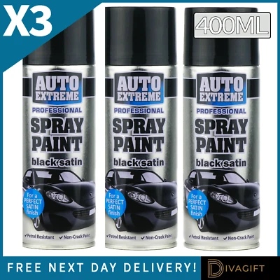 3 x BLACK SATIN SPRAY PAINT 400ML AEROSOL CAN AUTO EXTREME FOR CAR METAL WOOD - Image 1 of 3