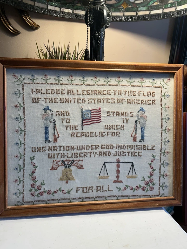 Needle Point Cross Stitch Sampler: Pledge Of Alliance To The Flag Patriotic - Image 1 of 4