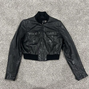 Vintage Guess Collection Echtleder Schwarz Cropped Flieger Style Jacke Damen S - Bild 1 von 9