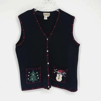 Chaleco de Navidad Coldwater Creek de Colección para Mujer M Negro Bordado Muñeco de Nieve Árbol Foto 1 de 4