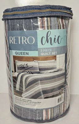 Juego de edredón reversible retro chic 3 piezas Queen 90 in x 98 in diseño a rayas 2 fundas Foto 1 de 4