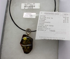 Midwest Amber Sterling Silver Genuine Amber Necklace Poland 1.7 Inch x 1 Inch - Picture 1 of 11
