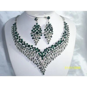 Green Rhinestone Necklace Earring Set, Bridal Party Formal MOB wedding Jewelry - Picture 1 of 6