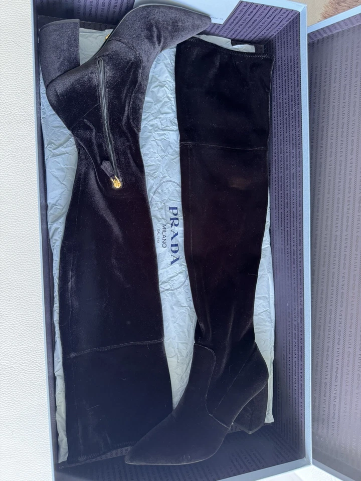 PRADA Authentic Black Velvet & Logo Tall Boots New Original Dust Bag  Sz: 38.5 - image 1 of 4