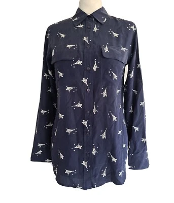 Camisa Blusa Equipment Mujer Azul Marino Estampado Torre Eiffel 100% Seda. Talla XS. Foto 1 de 4