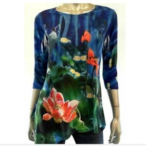 CSC Studio Women Blouse Top XS Blue Green Coral Stretch Asymmetrical Hem Floral - Picture 1 of 4