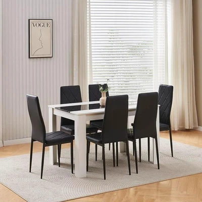 White Dining Table Set + 4 Black Leather Chairs | Modern 5pc Compact Set - Image 1 of 4