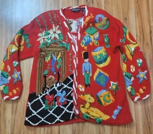 Vintage 1994 Eagle's Eye Christmas Cardigan Hand Knit Sweater Size Medium Bears - Picture 1 of 21