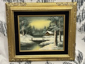 Vintage 80s Framed Oil Painting Nature Realism Outdoors Cabin Lake Signed 15x13 - Picture 1 of 9