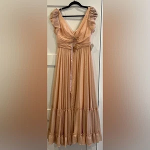 Neu mit Etikett MacDuggal wadenlanges Stufenkleid rosa metallic Glitzer Puffärmel – Größe 6 - Bild 1 von 8