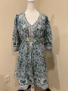 Soft Surroundings Nerissa Dress Blue Embroidered Printed Cotton Boho Size Small - Bild 1 von 5