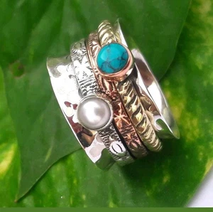 Blue Turquoise & Freshwater Pearl Spinner Ring, 925 Sterling Silver Ring, Mixed - Picture 1 of 8