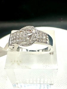 Sterling Silver Buckle Band Ring 10 mm CZ No Plating Hallmarked - Picture 1 of 6