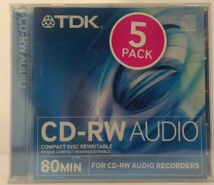TDK CD-RW80 / CD-RWXG80JCA Audio Música 80 Min Paquete de 5 discos CD RW REGRABABLES - Imagen 1 de 10