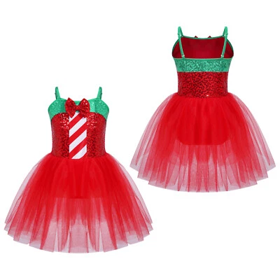 Kids Girl's Santa Claus Dance Dress Sequins Tutu Dress Figure Skating Leotard - Image 1 of 4
