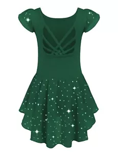 Girls Shiny Ruffle Sleeve Ballet Leotard with Skirt Criss-Cross Back Dance Dr... - Picture 1 of 8