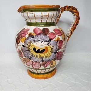 Vtg Italian Ceramic Pottery Pitcher Bright Floral Braided Handle Indented Lines - Picture 1 of 10