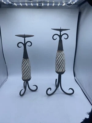 Candle holder set of two Rustic metal And Wood 12and 13 Inches  Unbranded - Image 1 of 4