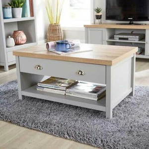 Coffee Table 2-Drawer Grey Painted Oak Effect Solid Living Room 36mm Top - Picture 1 of 8