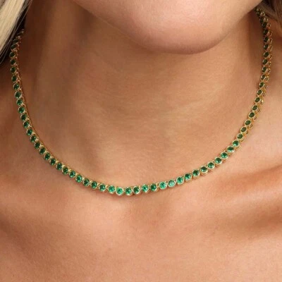 15CTW Created Bezel Set Green Emerald Tennis Women's Necklace Yellow Gold Plated - Image 1 of 4