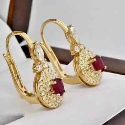2.30 Ct Oval Cut Lab-Created Ruby Wedding Earrings 14k Yellow Gold Plated - Image 1 of 4
