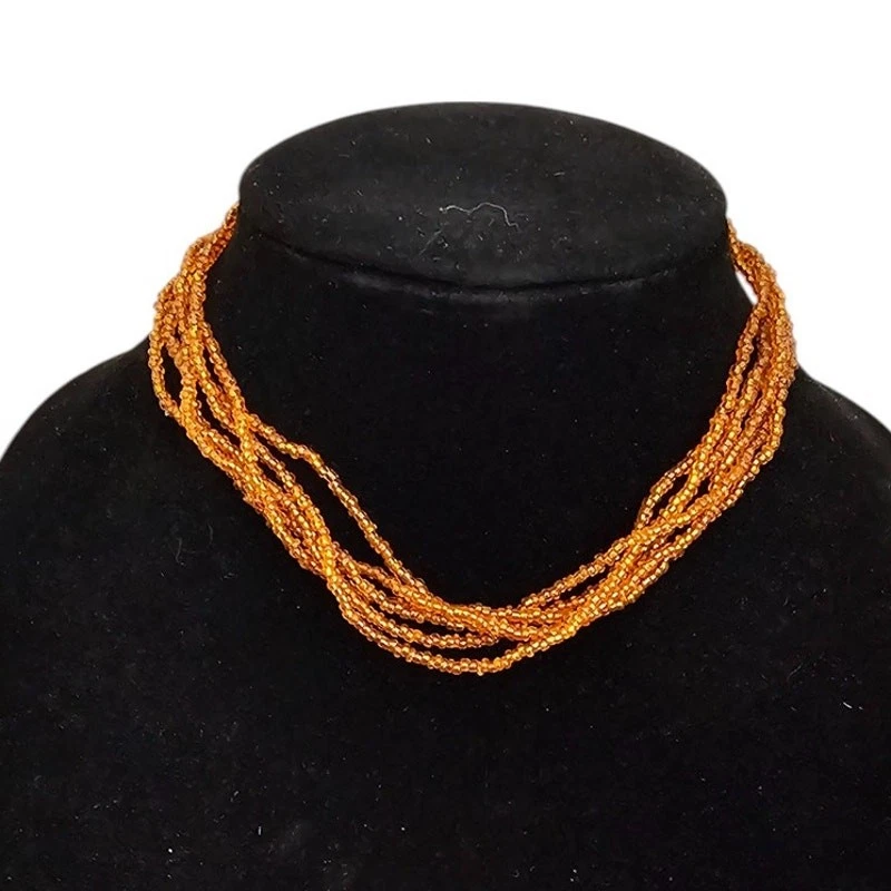Collar Gargantilla Vintage Multi Hilos Vidrio Semilla Cuentas Color Ámbar Naranja Foto 1 de 4