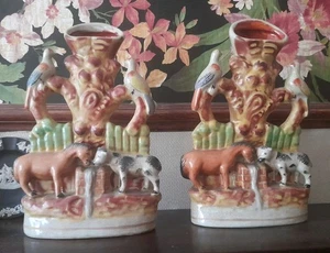 Pair Of Undamaged Staffordshire Tree Of Life Spill Vases - Picture 1 of 14