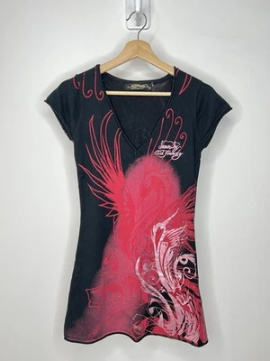 Ed Hardy Tunic Dress Butterfly Phoenix Small Black Pink Embellished Y2K Vintage - image 1 of 4