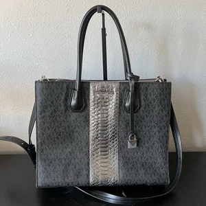 Michael Kors Mercer Large Convertible Center Stripe Satchel Black Leather Tote - Picture 1 of 7