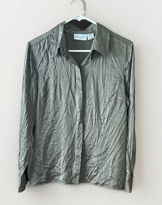 Jaclyn Smith 100% шелк блузка женщин L зеленый длинным рукавом кнопка моющийся Y2K - Изображение 1 из 4