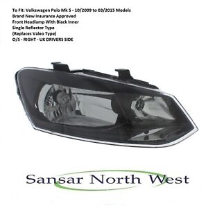 For Volkswagen Polo Mk 5 Drivers Front Headlamp Headlight BLACK OS RIGHT 09 15