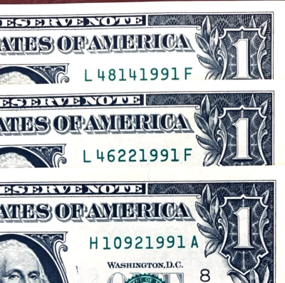 1991 Trailing Birth Year Notes One Dollar Bills Fancy Serial Number Lot of 3 UNC - Image 1 of 3