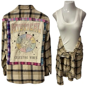 Upcycled Flannel Shirt Womens Large Celestial Grunge Shacket Astrology Art - Picture 1 of 20
