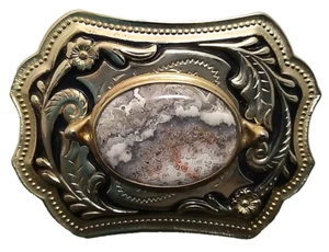 Western Cowboy Style Belt Buckle With Brown & White Agate Stone Centerpiece - Picture 1 of 11
