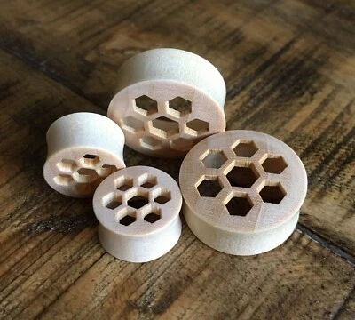 PAIR Honeycomb Cut Out Wood Tunnels Blonde Crocodile Saddle Plugs Earlets Gauges - Image 1 of 4