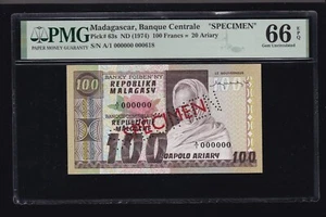 1974 20 Ariary Madagascar Banque Centrale SPECIMEN Pick#63s PCGS 66 PPQ (000) - Picture 1 of 2