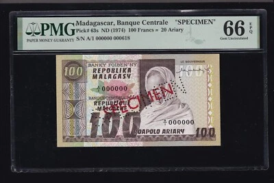 1974 20 Ariary Madagascar Banque Centrale SPECIMEN Pick#63s PCGS 66 PPQ (000) - Image 1 of 2