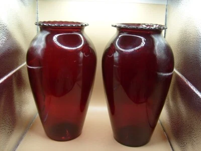 VTG Anchor Hocking Royal Ruby Red  9 inch  scalloped rim Flower Vases / set of 2 - Image 1 of 4