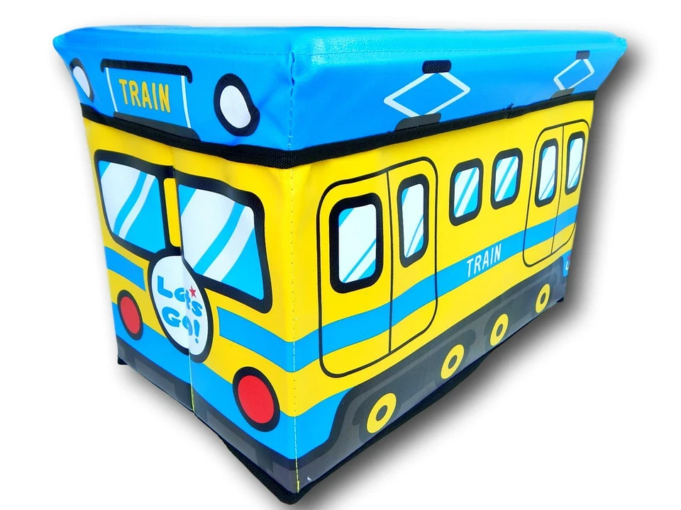 Baú de armazenamento de brinquedos infantis, banco acolchoado de vinil ou otomano -- trem azul amarelo - Imagem 1 de 4