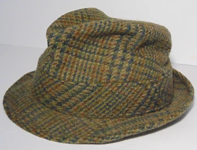 SIZE 7 1/8 57 Old Vintage Fedora Tweed Fedora Plaid Fedora Dress Hat Made in USA - Image 1 of 4