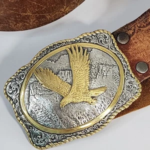 Vintage Crumrine Belt Buckle Flying Eagle Silver Gold Leather Belt - Picture 1 of 6
