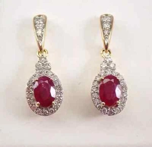 3Ct Oval Cut Lab-Created Ruby Halo Drop Dangle Earrings 14K Yellow Gold Plated - Picture 1 of 6