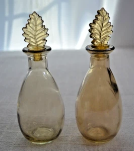 6.5" Amber Tinted Mini Glass Carafe or Bottle w/ Leaf Stopper - Set of 2 - Picture 1 of 21